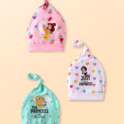 Babyhug Disney Interlock Knit Caps With Disney Princesses Graphics & Knot Detailing Pack of 3 - Blue White & Pink-28