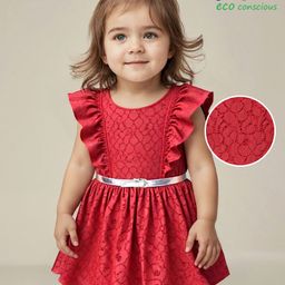 Babyoye Cotton Woven Frill Sleeves Party Frock with Attached Belt - Red-image-28