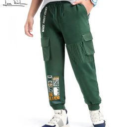 Arias Cotton Stretch Looper Knit Full Length Jogger Pant with Cargo Pockets & Text Print - Green-image-33