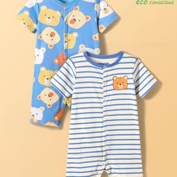 Babyoye 100% Cotton Knit With Eco Jiva Finish Half Sleeves Rompers with Stripes & Animal Print Pack Of 2 - White & Blue-image-71