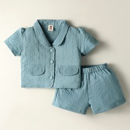 ToffyHouse Cotton Woven Half Sleeves Textured Top & Shorts - Teal Blue-picture-0