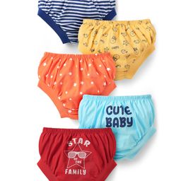 Doodle Poodle 100% Cotton Briefs with Stripes & Cute Baby Text Print Pack Of 5 -Yellow Red & Navy Blue-image-47