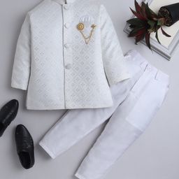 Ahhaaaa Jacquard Full Sleeves Threadwork Embroidered Sequins Embellished Indo Western Style Sherwani Pant Set - White-image-84