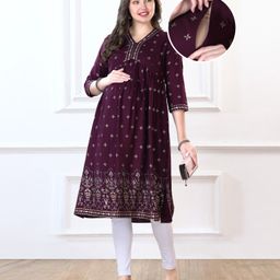 Bella Mama Woven Three Fourth Sleeves Maternity Kurta With Border At Neck & Pocket Floral Print - Wine-image-11