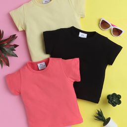 Knitting Doodles Pure Cotton Pack Of 3 Half Sleeves Solid Tees - Black Pink & Lemon-image-75