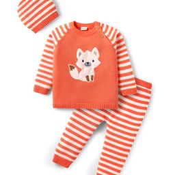 Babyhug Knit Full Raglan Sleeves Sweater Set with Cap & Fox Patch - Orange-image-24