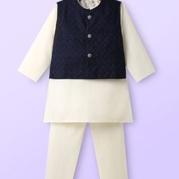 Babyhug Cotton Woven Full Sleeves Kurta Pajama Set With Embroidered Jacket - White-picture-2