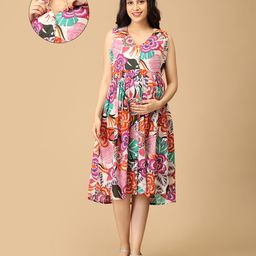 The Mom Store Cotton Sleeveless Floral Printed Maternity Dress With Nursing Access - Multi Colour-image-85