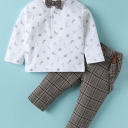 ToffyHouse Interlock Knit Full Sleeves Printed Polo T-Shirt & Checkered Trouser Set with Bow & Suspender - Grey-image-6