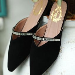 Shoetopia Colour Blocked Stones Embellished Slip On Mules - Black-image-85