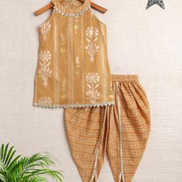 The Magic Wand Woven Sleeveless Floral Foil Printed & Gota Lace Embellished Kurti & Dhoti Set - Khaki-image-80