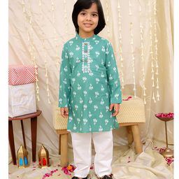 KID1 Cotton Woven Full Sleeves Floral Printed Mirror Work Detailed Kurta Pyjama Set - Green-image-116