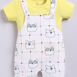 BABY GO Cotton Knit Cartoon Animal Face Printed Dungaree With Tee - Yellow & White-image-75