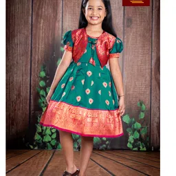 Bhartiya Paridhan Silk Woven Half Puffed Sleeves Pleated Ethnic Dress with Motif Print - Green-picture-38