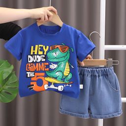Googo Gaaga Cotton Woven Half Sleeves Hey Dude Text Printed Tee & Shorts Set - Blue-image-92