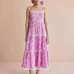 FIORRA Paisley Printed Shoulder Straps Cotton Tiered Midi Dress-picture-2