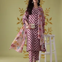 Anouk Chevron Printed V-Neck Regular Kurta with Trousers & With Dupatta-picture-18