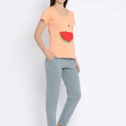 Clovia Orange Printed Top & Pyjama Set-image-90