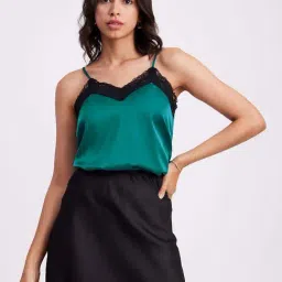Fablestreet Teal Green Satin Lace Work Camisole-picture-26