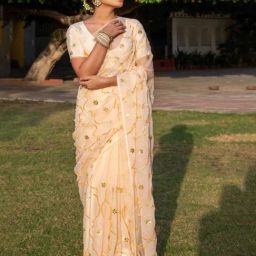 Geroo Jaipur Beige Handcrafted Gota Jaal Chiffon Saree image 4
