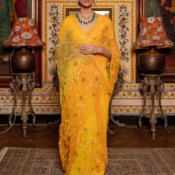 Geroo Jaipur Yellow Shaded Hand Embroidered Gota Jaal Chiffon Saree-picture-31