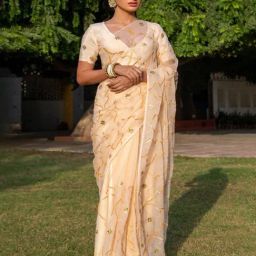 Geroo Jaipur Beige Handcrafted Gota Jaal Chiffon Saree-image-67