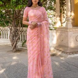 Geroo Jaipur Pastel Pink Handcrafted Gota Jaal Chiffon Saree-image-79