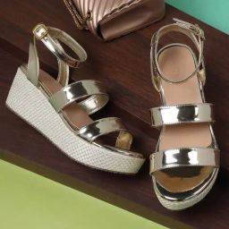 Iconics Women's Gold Ankle Strap Wedges-image-82