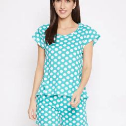 Clovia Cyan Blue & White Polka Dot T-Shirt With Shorts-image-55