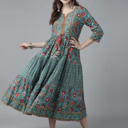 Rain and Rainbow Teal Blue & Red Cotton Floral Print A-Line Dress-picture-3