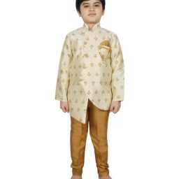 SG Yuvraj Kids Cream & Yellow Printed Full Sleeves Sherwani Set-5