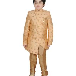 SG Yuvraj Kids Peach & Beige Printed Full Sleeves Sherwani Set-image-36