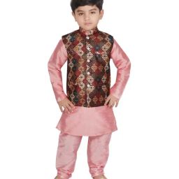 SG Yuvraj Kids Brown & Pink Printed Full Sleeves Kurta Set-image-73