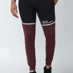 Peter England Purple Cotton Regular Fit Colour Block Joggers-image-0