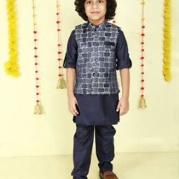 Ministitch Boys Navy Cotton Silk Printed Regular Fit Kurta Set-picture-48