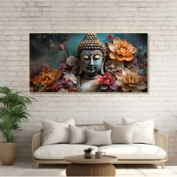 Nestroots Multicolor Canvas Buddha Surrounded By Lotus Flowers Wall Painting - White Floating Frame image 1