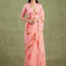 Geroo Jaipur Peach Hand Painted Mukaish Chiffon Saree-picture-16