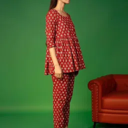 Pheeta Red Cotton Printed Tunic Pant Set image 4