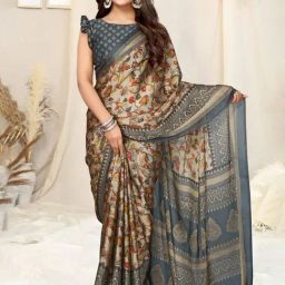 MIRCHI FASHION Beige & Grey Printed Saree With Unstitched Blouse-picture-15