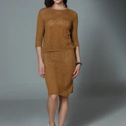 High Star Khaki Cotton Self Design Top With Skirt-image-7