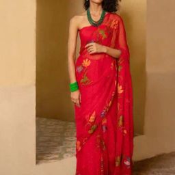 Geroo Jaipur Red Hand Painted Mukaish Chiffon Saree-picture-31