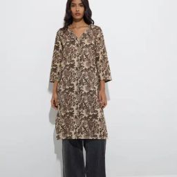 Utsa by Westside Taupe Botanical Printed Straight Cotton Kurta-image-59