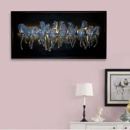 ecraftindia Silver 7 Running Horses empanalled in Wooden Frame Handcrafted Wall Hanging with Background LED's image 1