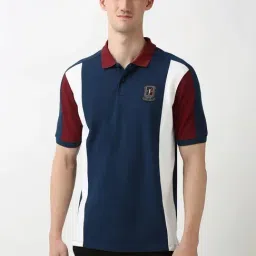 Peter England Navy Regular Fit Colour Block Polo T-Shirt-image-68