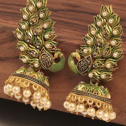 OOMPH Green Contemporary Jhumkas Earrings-7