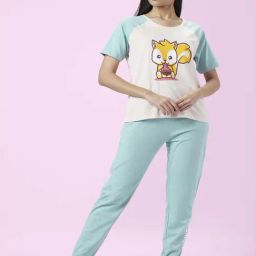 Dreamz by Pantaloons White Sage Green Cotton Graphic Print Top Pyjama Set-image-12
