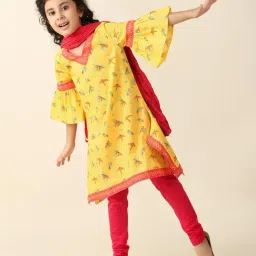 Fabindia Kids Yellow & Pink Printed Kurta, Churidar with Dupatta-picture-22