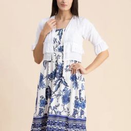Moomaya White & Blue Floral Print A Line Dress With Shrug-image-40