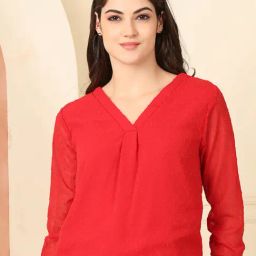 NEUDIS Red Chiffon Self Design Regular Fit Top-14