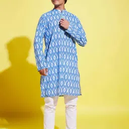 VASTRAMAY Boys Aqua Blue & White Cotton Printed Full Sleeves Kurta Sets-image-89